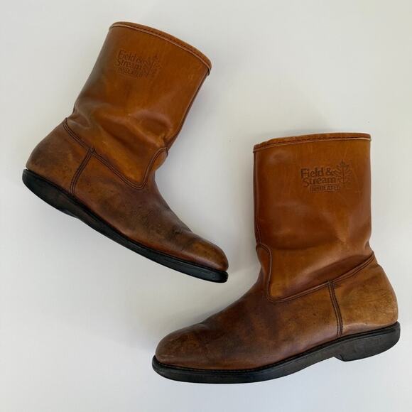 Vtg Field And Stream Boots Mens 9.5 C Insulated Leather USA Made Work Zip Brown - Picture 7 of 12
